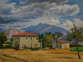 Near Levidi, Farmhouse, Cloudy — Oil painting, Canvas, 46.00×61.00cm — Theodoros Markellos